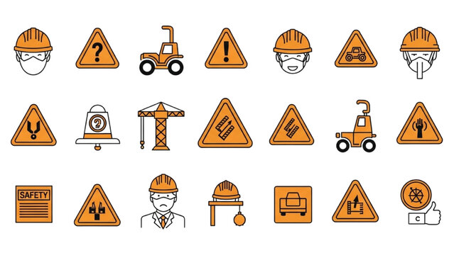 Construction Site Hazard Icons, Vector Wet Floor, Falling Objects, Trip Hazard and Scaffolding Safety Signs, Industrial Warning Symbols Icon Sheet