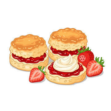 Vector illustration of fresh scones with strawberry jam and cream