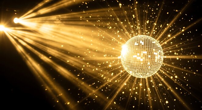 Golden disco ball explodes with light beams and sparkling confetti against black