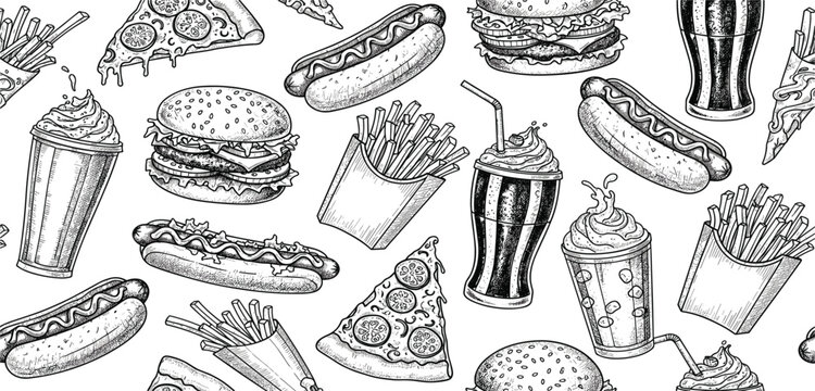 Seamless Fast Food Pattern with Hand Drawn Burger, Pizza, Hot Dog, Fries, and Soda Illustration for Restaurant Design, Menu Backgrounds, and Vintage Sketch Style