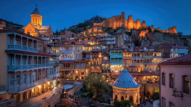 Old tbilisi cityscape at twilight with narikala fortress and traditional wooden balconies