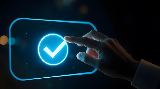 Hand touching virtual button on touchscreen interface, modern technology concept
