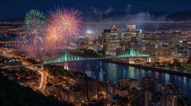 Fireworks over the jacques cartier bridge and montreal city skyline at night