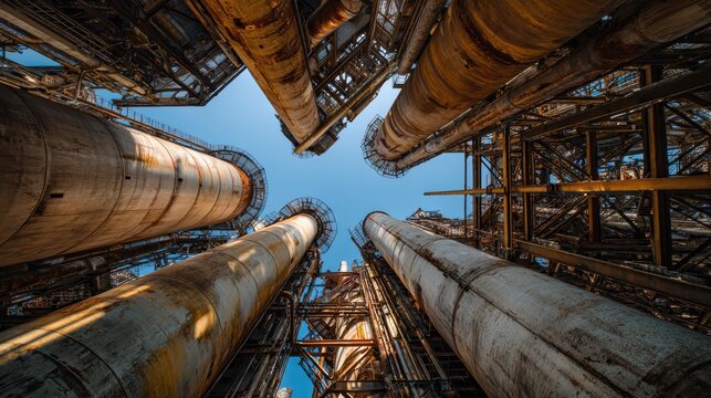 Low angle view of industrial factory pipes and steel structures