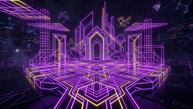Glowing neon wireframe virtual reality stage portal architecture in dark cyber space