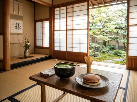 四季を愛でる和室のひととき：美しい庭園を背景に楽しむ抹茶とどら焼きのセット