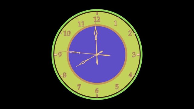 The watch's dial is yellow with blue gold hands Arabic numerals 8 o'clock hands in motion black screen. Computer graphics.