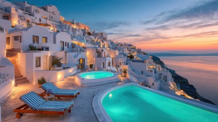 Fototapeta premium Luxury infinity pool overlooking the aegean sea in oia, santorini at sunset