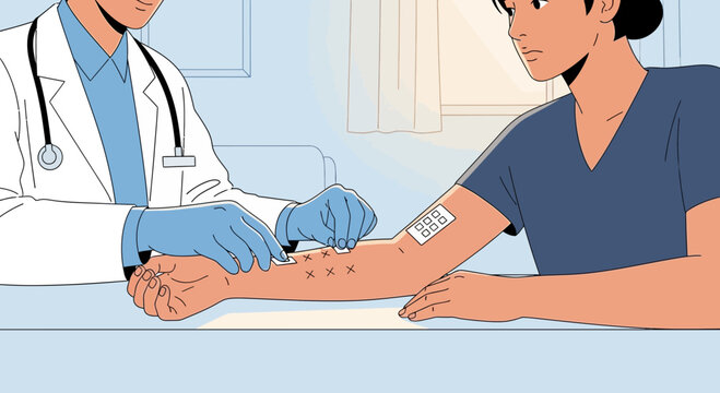 Doctor Applying Skin Patch Test on Patient's Arm for Allergy or Vaccination