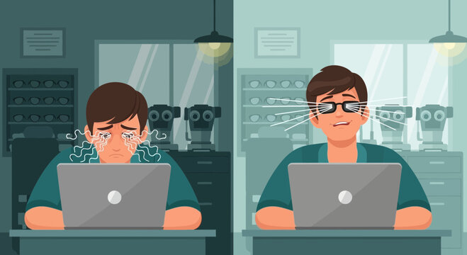 Man's Vision Problems Before and After Glasses, Eye Strain Relief