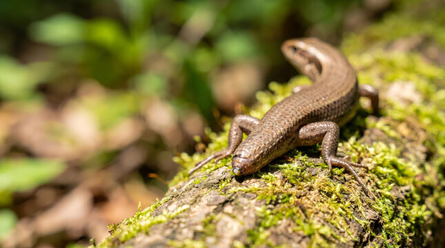 Extreme macro shot of a wild skink lizard showing tail autotomy defense on a mossy log with copy space