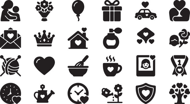 Collection of symbols representing love family celebration mother and child flowers balloon gift car hearts envelope crown house perfume knitting coffee cup photo frame medal clock watering can