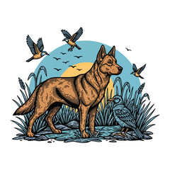 Fototapeta premium German shepherd dog standing in a field with birds flying in the nature outdoors