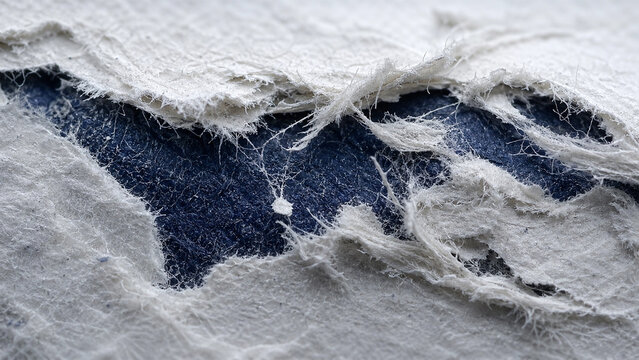 Closeup extreme macro view of torn ripped rough textured paper showing frayed fibers and dark blue subsurface material
