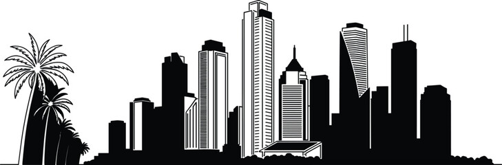 Obraz premium City skyline silhouette with modern skyscrapers and palm trees for urban landscape design, travel concept, and architectural illustration