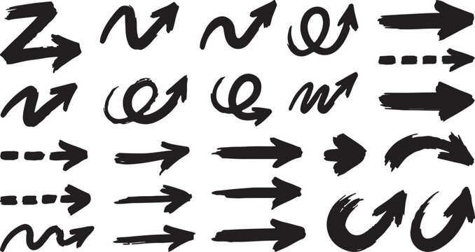 Variety of black painted arrows for design and navigation with hand drawn background collection straight circular segmented movement direction artistic isolated navigation backward
