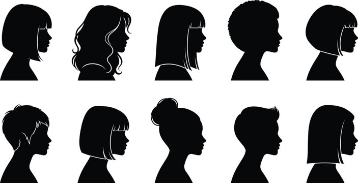 Female profile silhouette collection with diverse hairstyles and head shapes isolated on white background for avatar identity beauty and design use