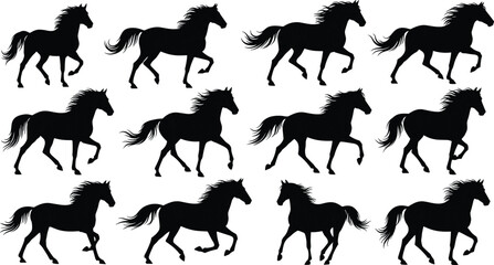 Obraz premium Running horse silhouettes collection featuring dynamic galloping poses isolated on clean background for equestrian, farm, and wildlife design