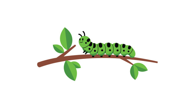 A small green smiling caterpillar with black dots rests on a thin twig featuring several small green leaves in a flat vector illustration on white background.