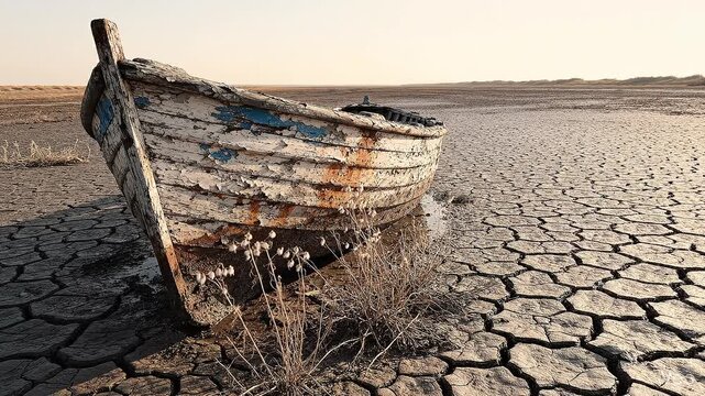 Abandoned boat on parched cracked earth representing climate change
