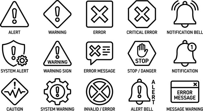 Warning and alert line icon set, 15 system error and notification bell symbols, black outline danger and caution vector signs for interface design