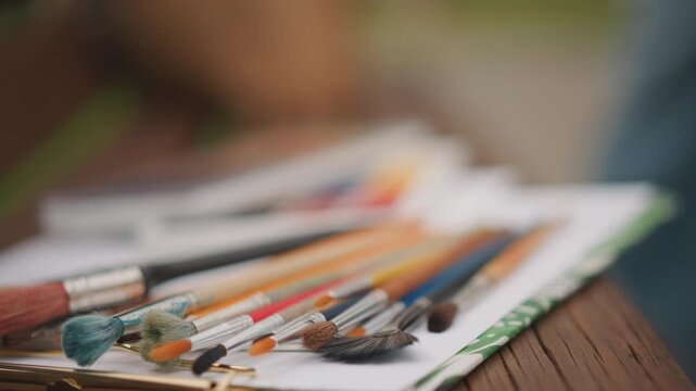 Closeup paintbrushes on outdoor sketchpad table, assorted brushes and pencils resting on paper, subtle paint stains, shallow depth of field, blurred figure suggesting painter at work, warm natural