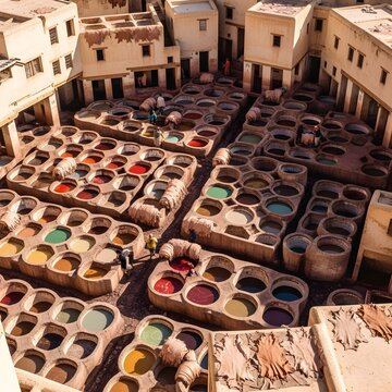 Overhead shot of ancient tannery in Morocco with numerous round dye vats in various colors and workers nearby
