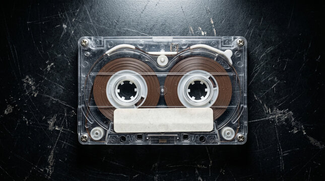 Clear Audio Cassette Tape With Blank Label On Scratched Black Surface