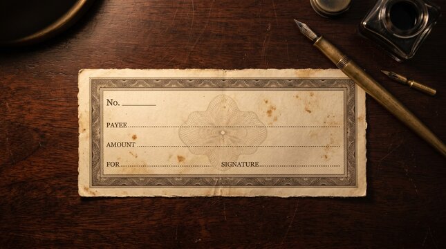 Vintage Blank Bank Check Resting On Dark Wooden Desk