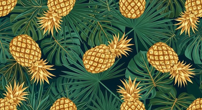 Golden pineapples and lush green palm leaves create a vibrant, tropical pattern