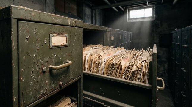 Open Metal Filing Cabinet Drawer Full Of Old Folders In Dark Room