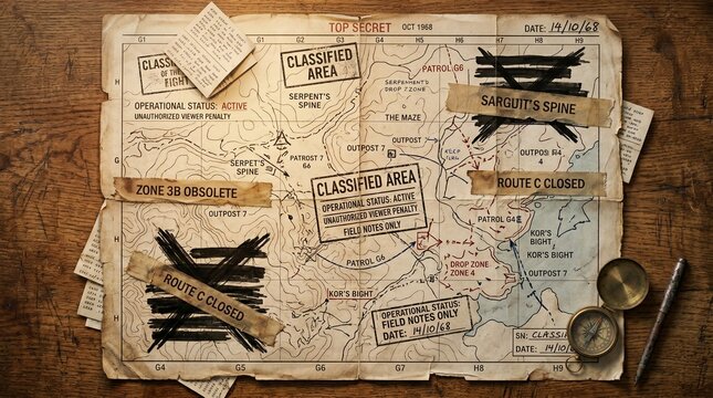 Top Secret Vintage Tactical Map With Redactions On Wooden Table