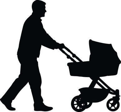 Happy father's day loving dad with baby stroller silhouette celebrating parenthood family bonds