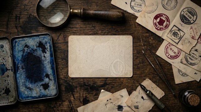 Blank Vintage Card With Rubber Stamps And Tools On Wooden Desk