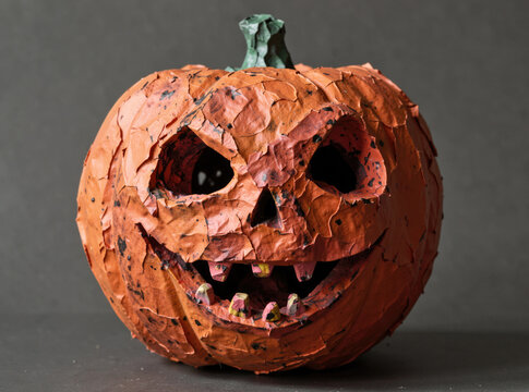 A paper mache pumpkin placed on a table, ready for decoration or display