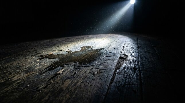 Dark Puddle Of Water Illuminated By Spotlight On Wooden Floor