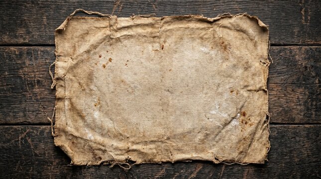 Blank Dirty Canvas Cloth Resting On Dark Wooden Table Background