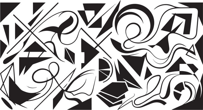 Abstract black and white geometric shapes and flowing line art composition.