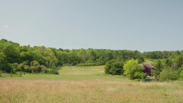 Wide angle landscape of a rolling valley featuring an urban rural interface. Grassland with wildflowers and a dirt path leads to brick houses and a forest treeline under bright afternoon sun.