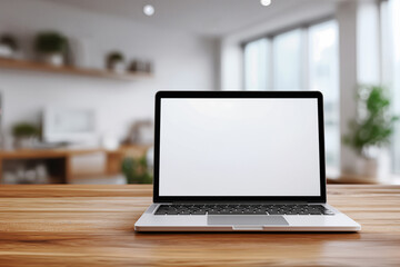 Fototapeta premium Laptop Mockup on Wooden Desk in Modern Office, Minimalistic Design for Creative