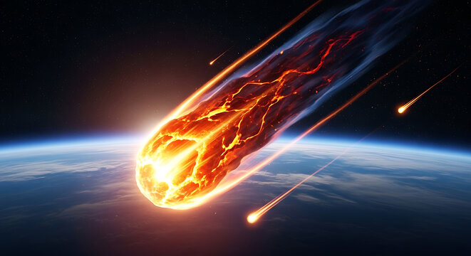 Cinematic view of a giant flaming meteoroid plunging through Earth atmosphere with bright burning motion trails and sparks against dark starry cosmic background space debris asteroid impact hazard