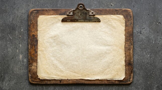 Old Rusty Clipboard With Blank Aged Paper On Dark Grunge Surface