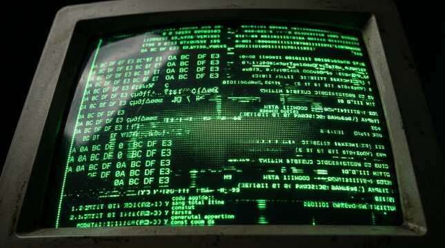 Vintage Computer Monitor Displaying Green Code In Dark Environment