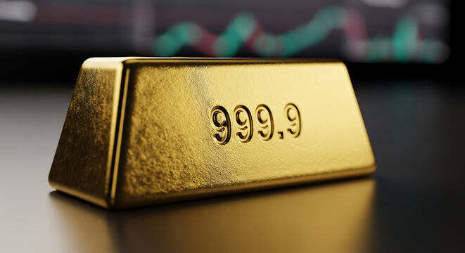 Close up macro photography of a pure gold ingot bullion bar displaying a 999.9 purity hallmark stamp as a concept for financial security and safe haven wealth investment asset in a dark setting.