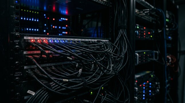 Messy Network Cables Connected To Server Rack In Dark Data Center