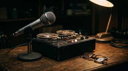 Vintage Microphone And Reel To Reel Tape Recorder On Wooden Desk © sxcd