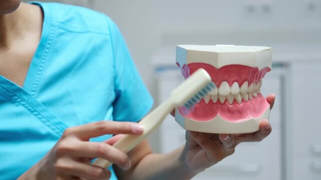 Dental assistant showing how to correctly brush teeth using a jaw model and a large toothbrush