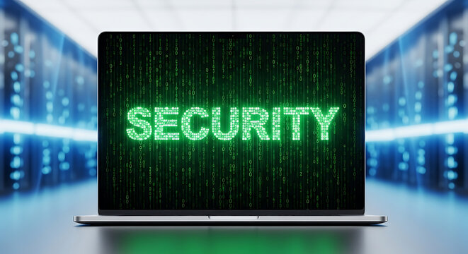 Modern portable computer screen showcasing the word SECURITY crafted from luminous emerald binary code within a sophisticated futuristic cyber infrastructure and digital network.