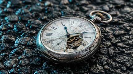 Fototapeta premium Broken Vintage Pocket Watch Resting On Wet Dark Asphalt Surface