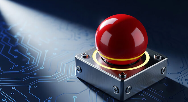 Macro shot of a shiny crimson emergency push button mounted on a brushed steel console against a futuristic deep sapphire illuminated background with digital glowing lines and tech aesthetic.